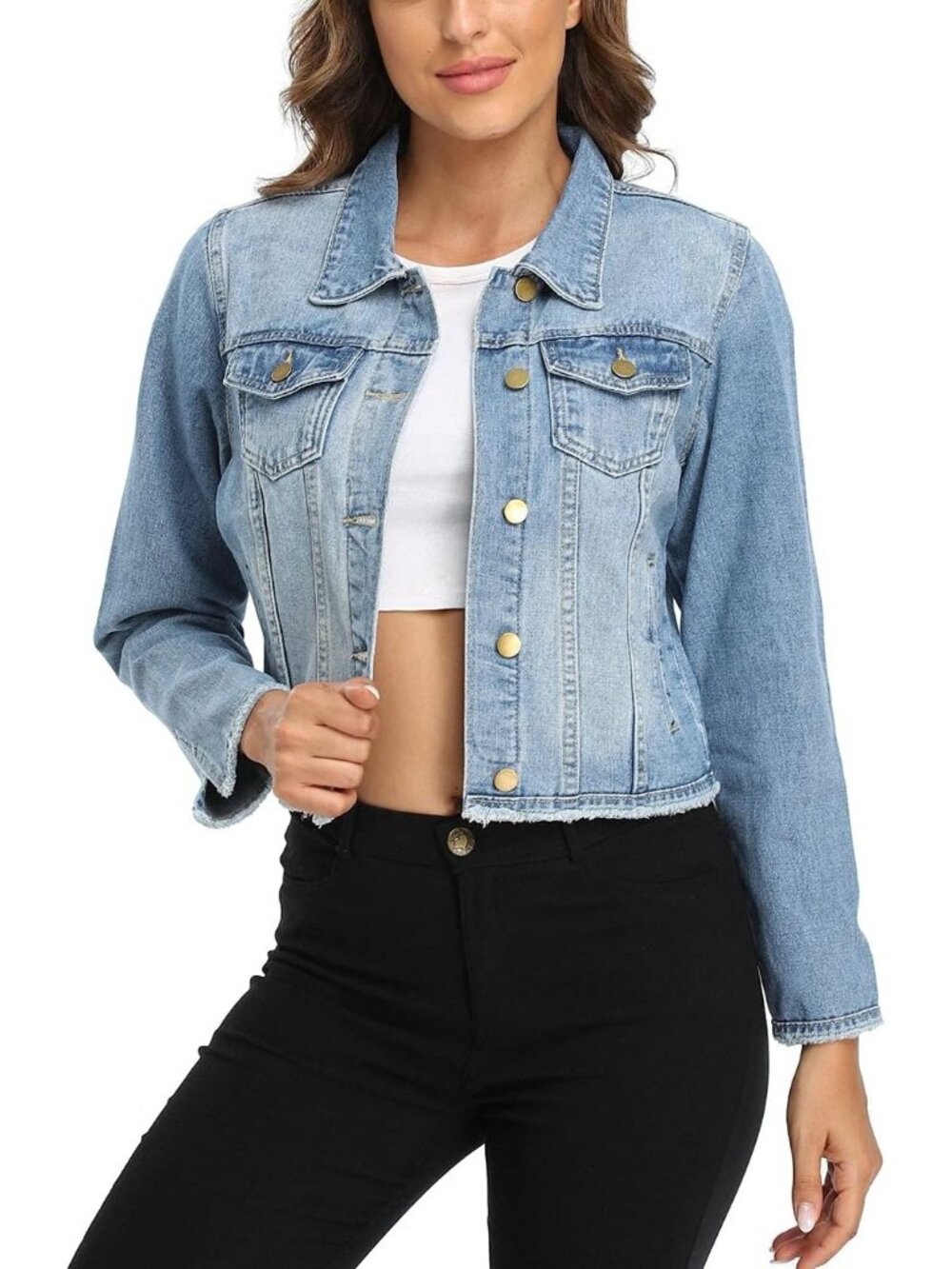 Women’s Light Blue Frayed Washed Button Up Cropped Denim Jacket w 2 Side Pockets